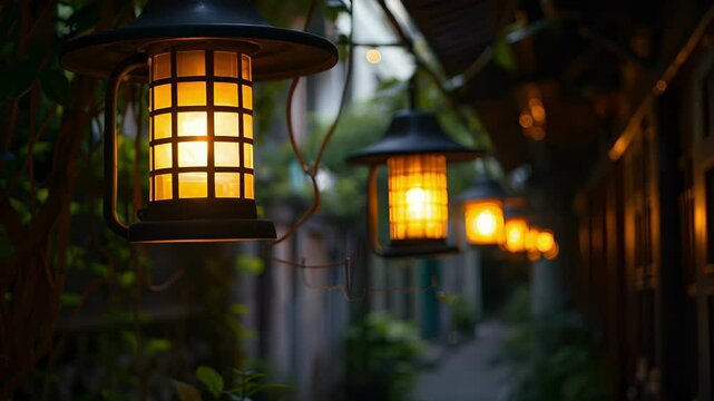 A series of hanging lanterns powered by small solar panels creating an enchanting atmosphere in a dark alley.