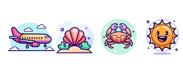 Vector Illustration of Summer Set. Airplane, Crab, Sun, Shell