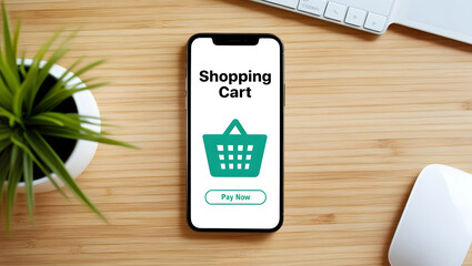 Modern smartphone displaying shopping cart and pay now page on an e-commerce platform. Digital business and online retail concept background, banner