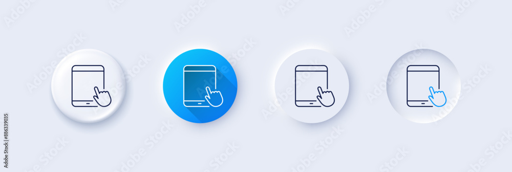 Poster tablet pc icon. neumorphic, blue gradient, 3d pin buttons. mobile device with hand cursor sign. touc