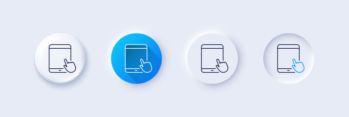 Tablet PC icon. Neumorphic, Blue gradient, 3d pin buttons. Mobile Device with Hand cursor sign. Touchscreen gadget symbols. Line icons. Neumorphic buttons with outline signs. Vector