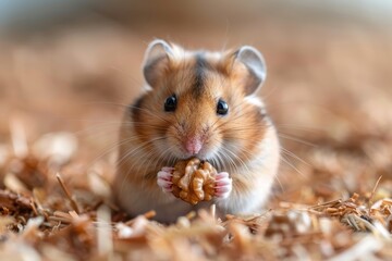 A tiny hamster holding a walnut in its paws, sitting on a soft bed of wood shavings. The hamster's cheeks are puffed up with food 