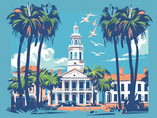 Naklejka premium Risograph riso print travel poster, card, wallpaper or banner illustration, modern, isolated, clear, simple of Charleston, South Carolina, USA. Artistic, screen printing, stencil