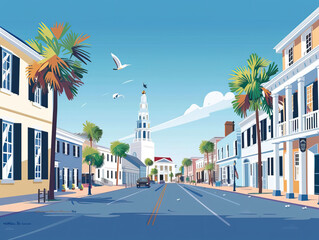 Naklejka premium Risograph riso print travel poster, card, wallpaper or banner illustration, modern, isolated, clear, simple of Charleston, South Carolina, USA. Artistic, screen printing, stencil