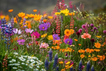 A field of vibrant flowers blooming in the mountain landscape, Delightful meadows filled with flowers