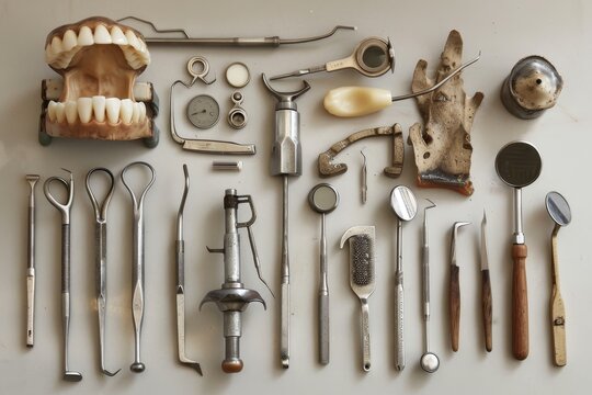 Various vintage dental instruments neatly arranged on a table, Delightful dental tools and toys
