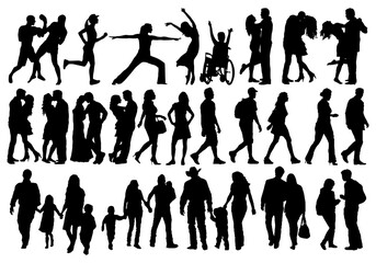Silhouettes of men and women, a large set of silhouettes in different standing poses, man, woman, person, adult, businessman, male, young man, female, group of people, business woman, figure, suit, co