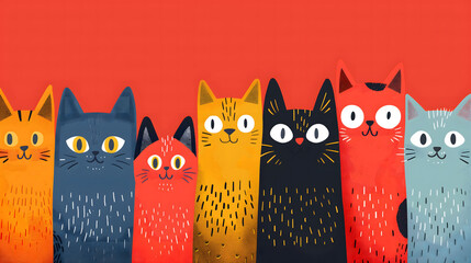 Whimsical colorful cartoon cats illustration against red background