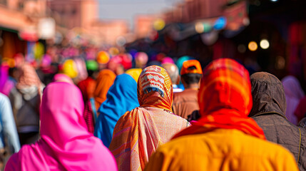 A group of people wearing colorful scarves