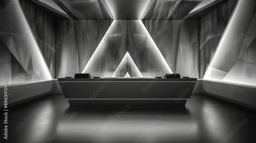 Poster a modern stage with a long, low table, and triangular lighting. the room has a minimalist design wit