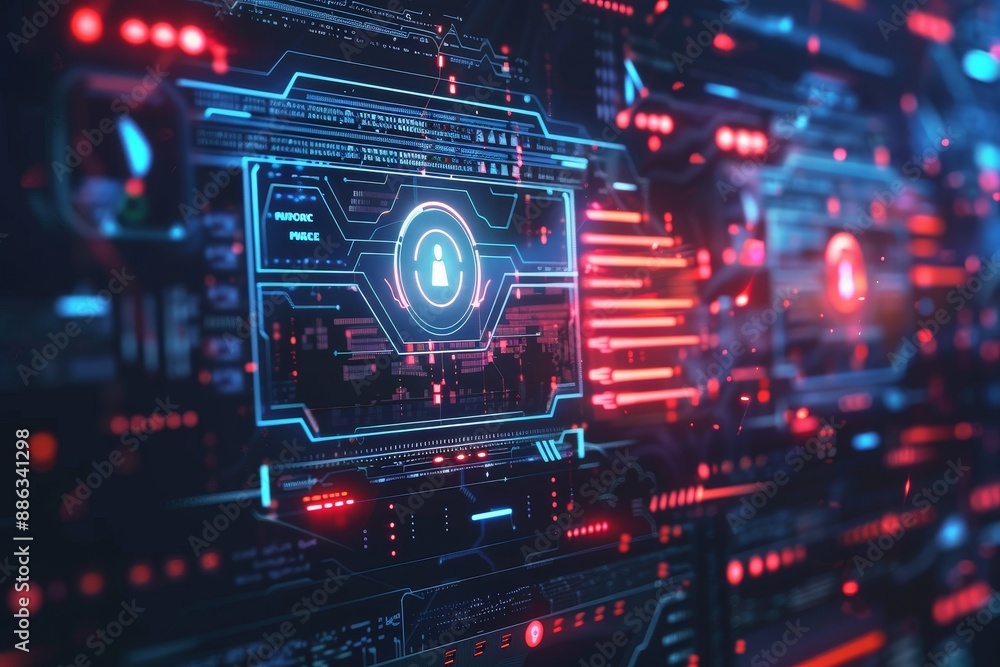 Poster a futuristic computer screen displaying intricate firewall protection mechanisms to safeguard data, 