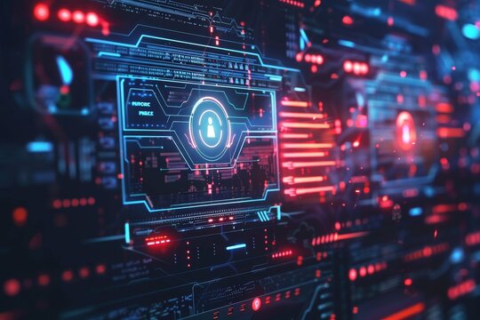 A futuristic computer screen displaying intricate firewall protection mechanisms to safeguard data, Demonstrate the role of firewall protection in defending against malicious threats