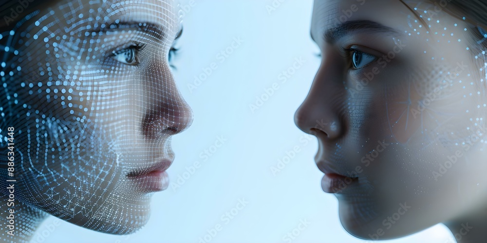 Poster the union of digital faces and futuristic patterns represents the intersection of technology and ide