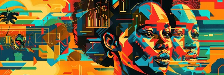 Obraz premium Digital double profile art with tech and urban elements