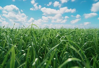 Fototapeta premium Vibrant Green Grass Field Under Blue Sky