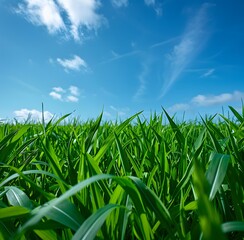 Fototapeta premium Green Grass Field Under Blue Sky
