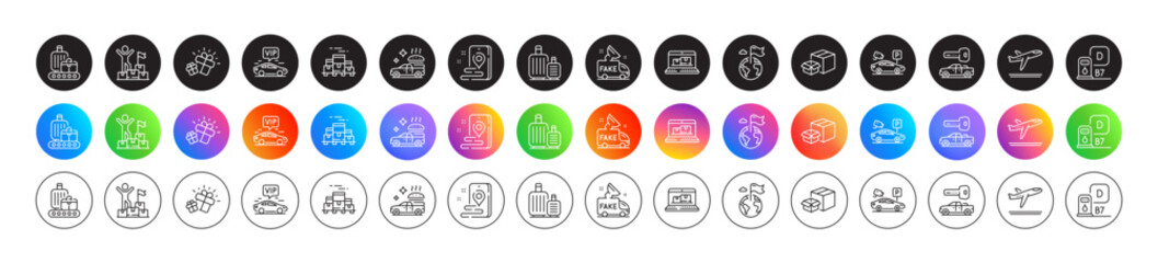 Fototapeta premium Boxes pallet, Food delivery and Packing boxes line icons. Round icon gradient buttons. Pack of Web inventory, Diesel station, Place icon. Gift, Car key, Baggage pictogram. Vector