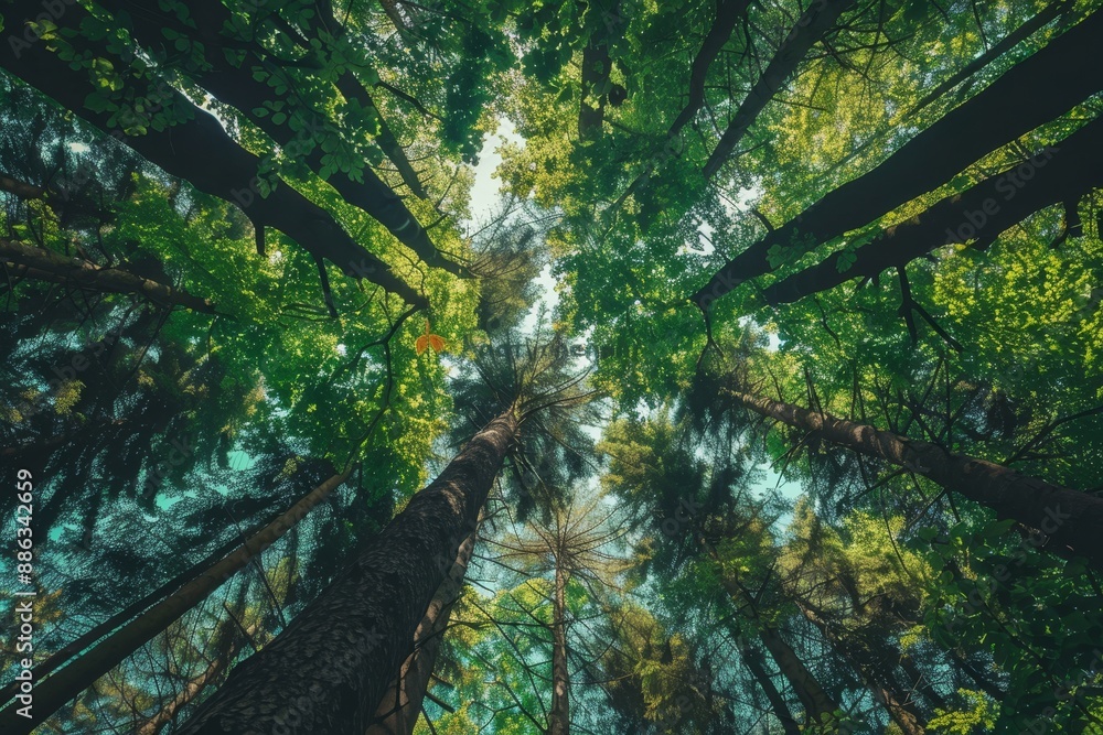 Poster view from below of tall trees with dense foliage in a forest, dense foliage of towering trees