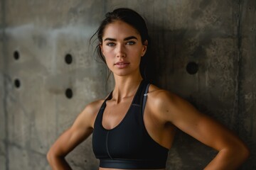 Obraz premium A brunette woman, dressed in a black sports bra, poses with her arms crossed in front of a concrete wall