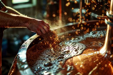 A brewer's hand carefully adds hops to a large brewing kettle, sending a shower of pellets into the bubbling wort