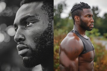 A Black man with a determined expression, his face captured in black and white, juxtaposed with his muscular physique as he works out outdoors