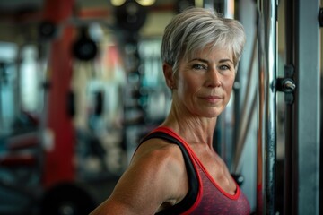 Obraz premium A fit woman in athletic attire poses confidently in a gym, looking directly at the camera