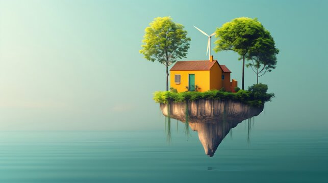 Yellow house is standing on a floating island with a wind turbine and lush trees, promoting eco-friendly living and a sustainable future