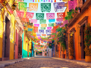 Fototapeta premium Colorful street with papel picado decorations in Mexico