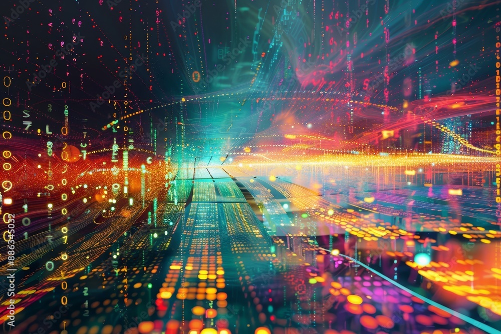 Poster colorful abstract patterns displayed on a computer screen, depict a digital ecosystem where informat