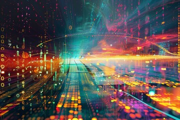 Colorful abstract patterns displayed on a computer screen, Depict a digital ecosystem where information flows freely and endlessly