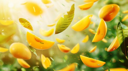 fresh mango slices and leaves in sunlit air