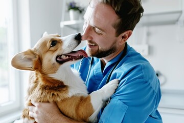 happy veterinarian hugging a corgi dog during a check-up in a veterinary clinic