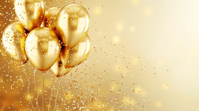 elegant celebration party banner with gold balloons and sparkling confetti on a bright background with copy space