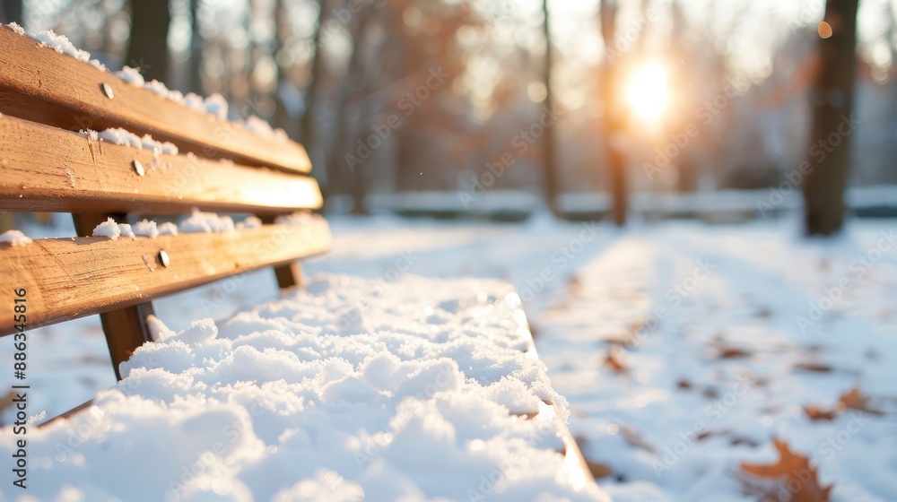 Aufkleber a tranquil park bench sits empty, covered in a pristine layer of snow, bathed in the warm glow of a 