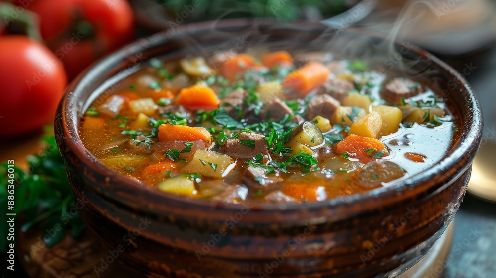 Poster culinary delights, delicious solyanka soup a flavorful russian dish with meat, veggies, and pickles, perfect for a hearty meal