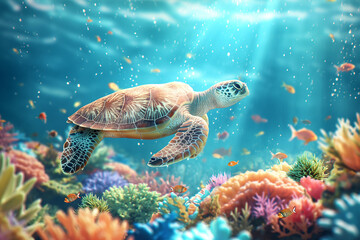Obraz premium Sea Turtle life underwater with colorful coral reef sea, Maldives Indian Ocean coral reef.
