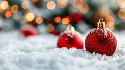 Obraz premium Vibrant red Christmas ornaments are nestled in the pristine snow with warmly lit bokeh lights in the background, evoking festive cheer and holiday spirit.