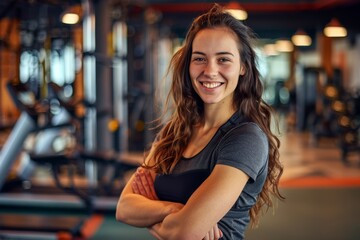 Fototapeta premium A young woman with long brown hair smiles confidently while standing in a modern fitness center, her arms crossed