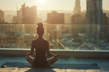 A woman sits in a yoga pose on a rooftop balcony, facing a cityscape at sunset