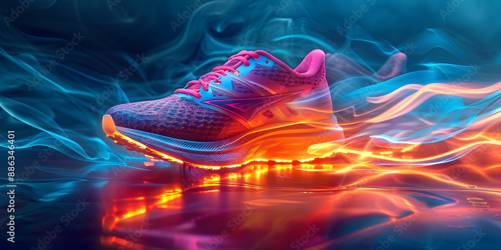 Poster Neon Illuminated Running Shoes in Dynamic Speed and Motion Effect