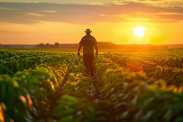 Fototapeta premium A farmer wearing a hat walks through a field of green crops at sunrise