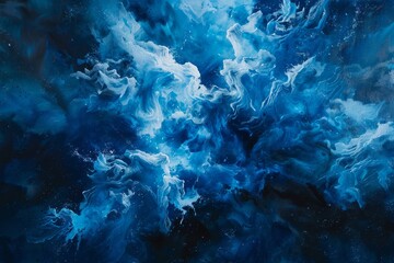 A painting featuring swirling blue and black clouds in a fantastical and dynamic composition, Depict a fantastical scene of a blue explosion consuming the entire canvas in a breathtaking display
