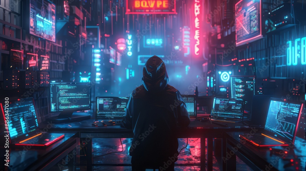 Wall mural high-tech hacker in neon glow