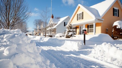 A charming suburban street scene blanketed in snow, featuring well-maintained houses and a freshly cleared road, illustrating the peaceful and pristine ambiance of a snowy winter day.