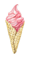 Pink strawberry ice cream in waffle cone isolated on white background. Watercolor hand drawn illustration