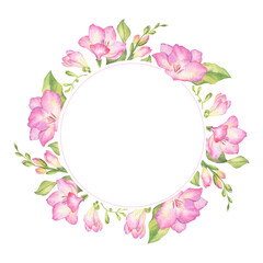Pink Freesia flowers, buds and leaves. Isolated hand drawn watercolor frame of pink Garden flowers. Summer floral of pink wildflowers wreath for wedding invitations, cards, packaging of goods