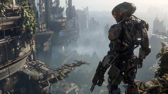 A battle-worn mech suit standing on the edge of a cliff overlooking a sprawling, dystopian metropolis.