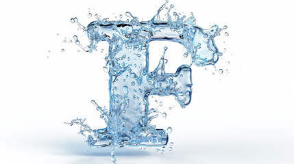 Capital letter F made of blue water splashes or ice on light background. Scrapbook activity. Generative AI