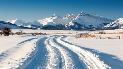 A serene winter landscape with a snowy path winding through majestic mountains, under a clear blue sky. The scene evokes a sense of peace, tranquility, and wonder.