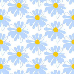 Spring seamless pattern rows blue meadow daisies white Summer template Blooming wildflower ditsy ornament wrapping fabric wallpaper textile mosaic vector
